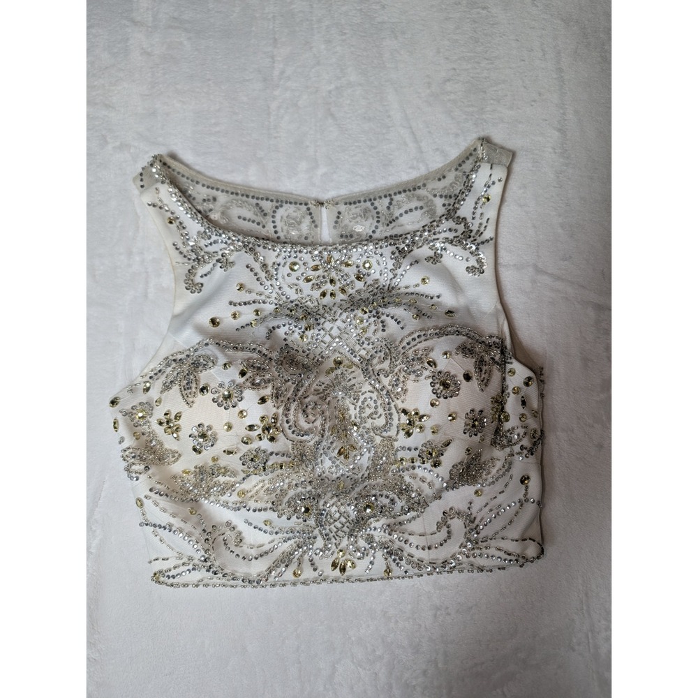 White Beaded Rhinestone Crop Top Sheer Mesh Open Back Y2K Fairy Formal